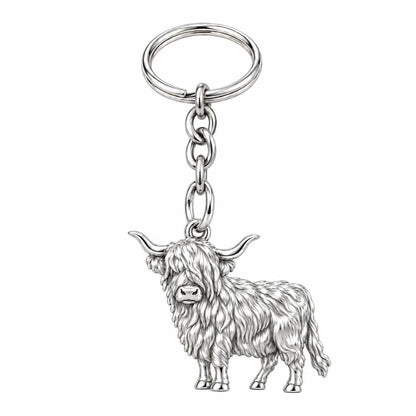 Shaggy Highland Cow Charm Keychain – silver, front view