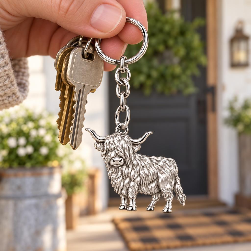 Shaggy Highland Cow Charm Keychain – worn / in use
