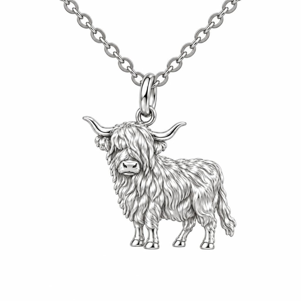 Shaggy Highland Cow Charm Necklace Set – silver, front view