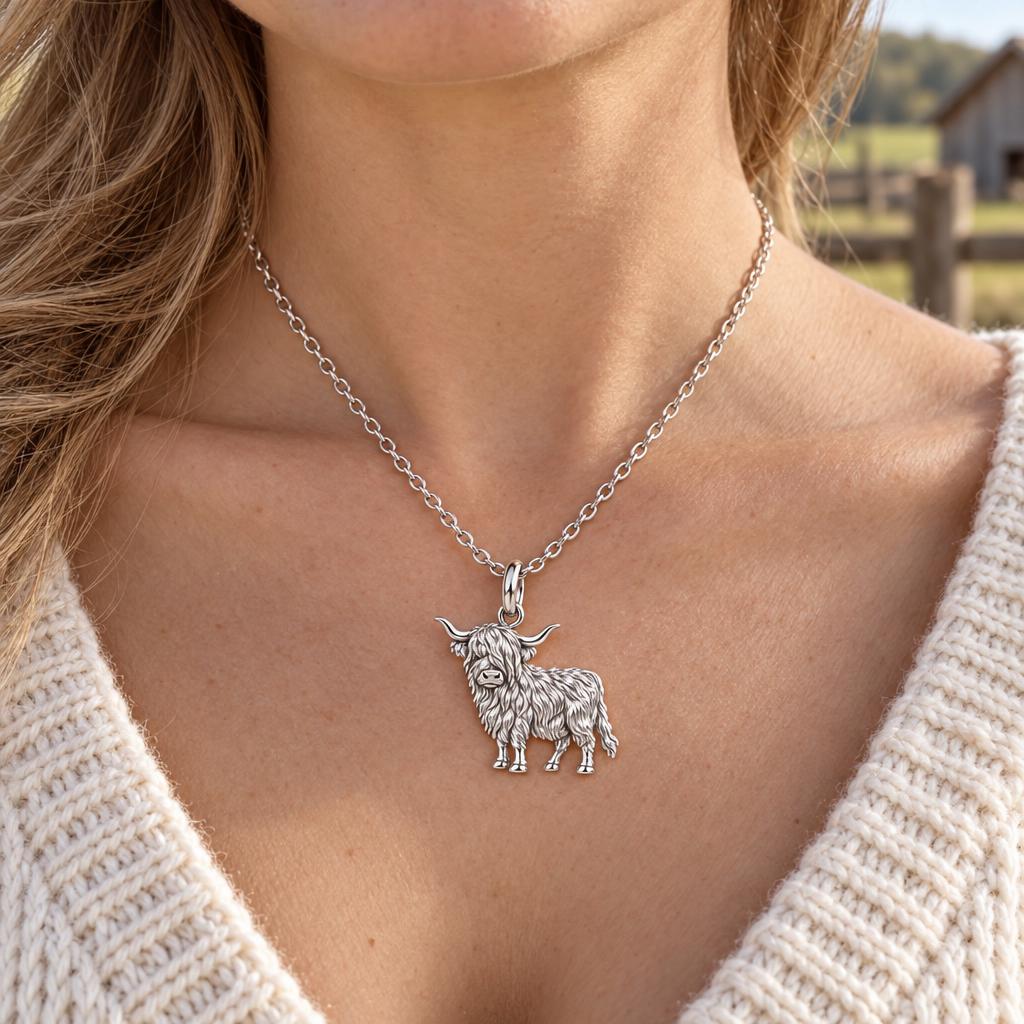 Shaggy Highland Cow Charm Necklace Set – worn / in use