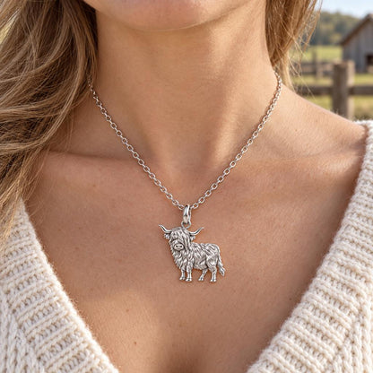 Shaggy Highland Cow Charm Necklace Set – worn / in use