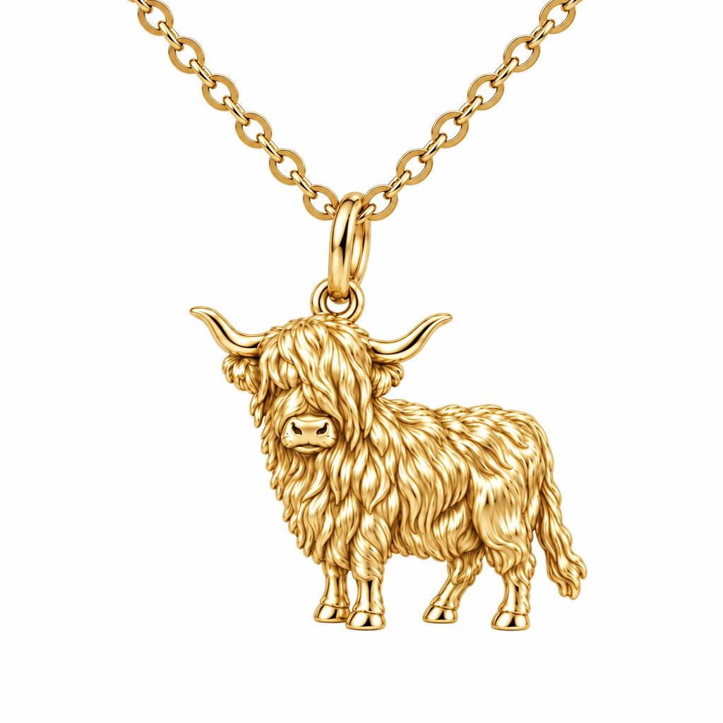 Shaggy Highland Cow Charm Necklace Set – 18K gold, front view