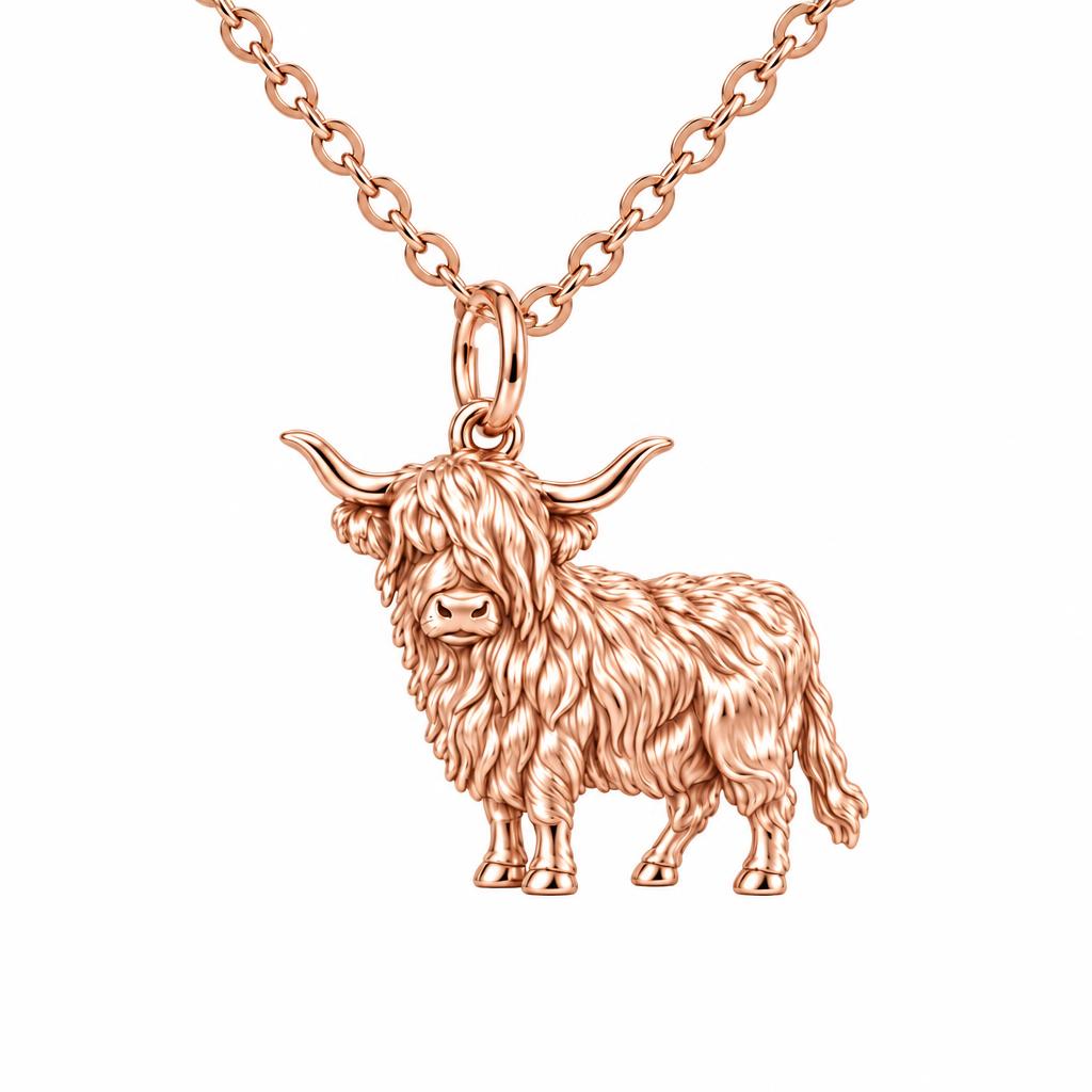 Shaggy Highland Cow Charm Necklace Set – rose gold, front view