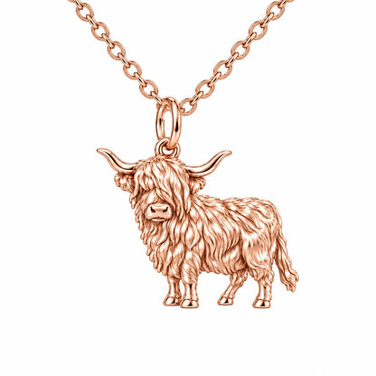 Shaggy Highland Cow Charm Necklace Set – rose gold, front view