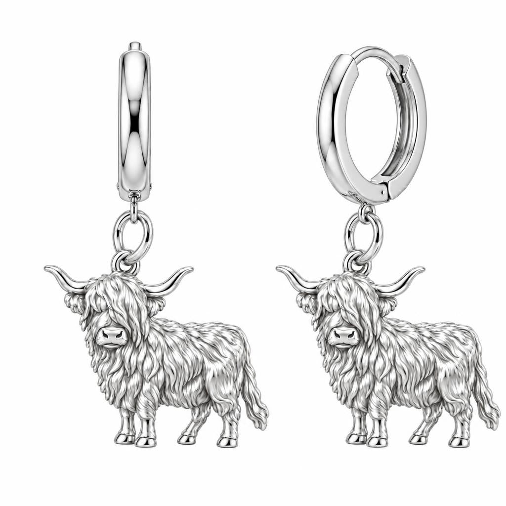Shaggy Highland Cow Huggie Charm Earrings – silver, front view