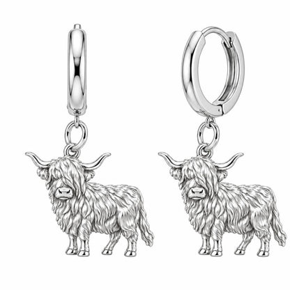Shaggy Highland Cow Huggie Charm Earrings – silver, front view