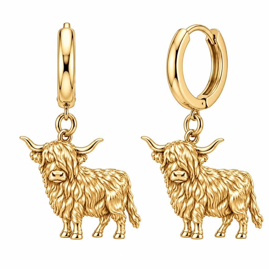 Shaggy Highland Cow Huggie Charm Earrings – 18K gold, front view