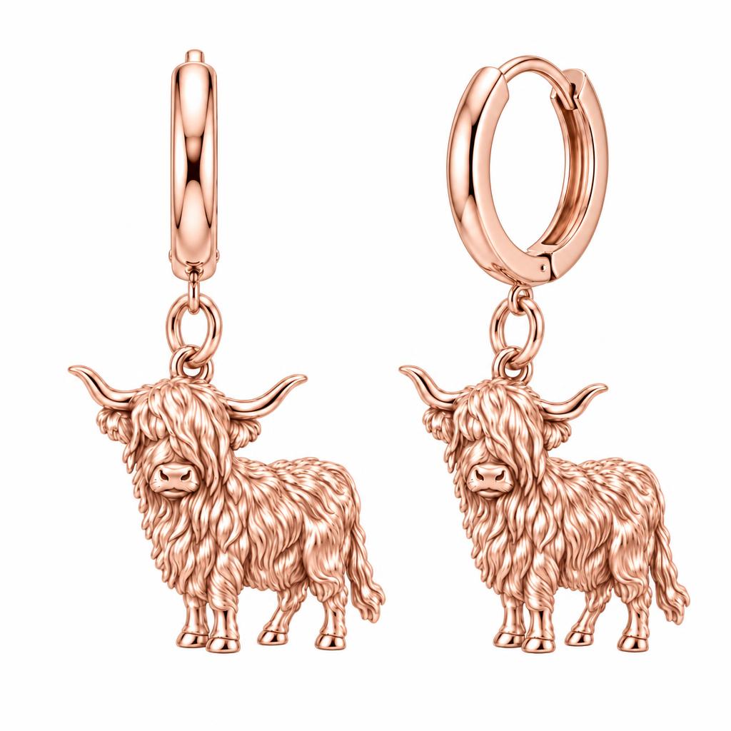 Shaggy Highland Cow Huggie Charm Earrings – rose gold, front view