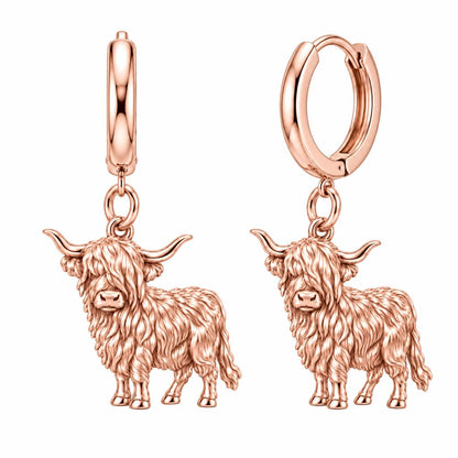Shaggy Highland Cow Huggie Charm Earrings – rose gold, front view