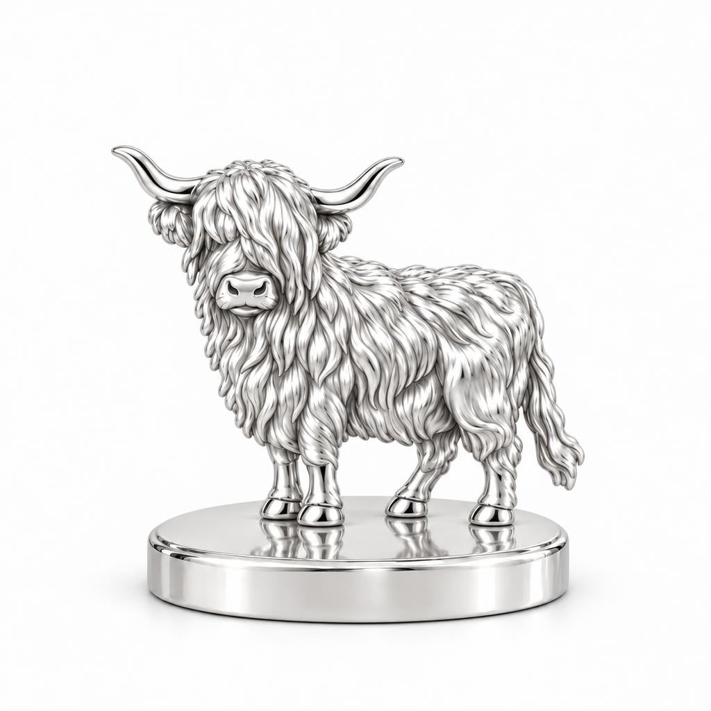 Shaggy Highland Cow Keepsake Plaque – silver, front view