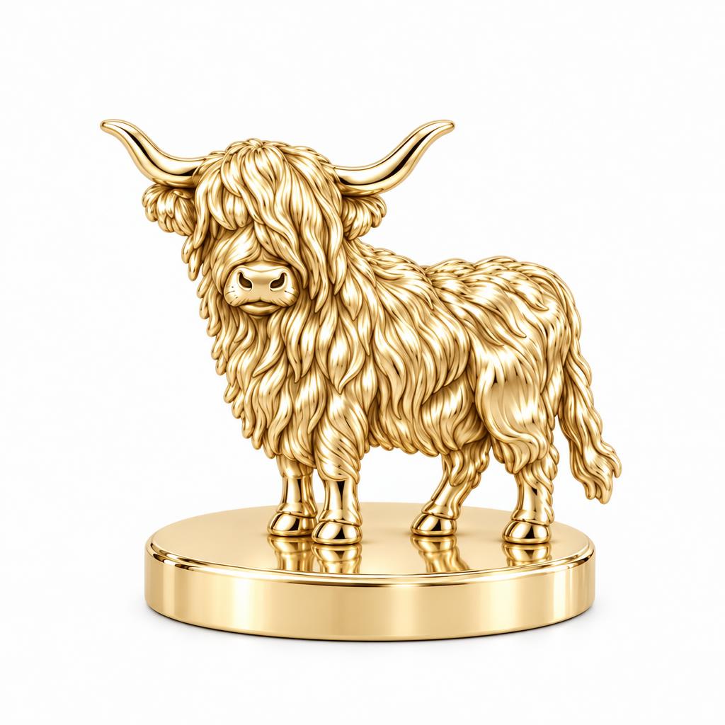 Shaggy Highland Cow Keepsake Plaque – 18K gold, front view