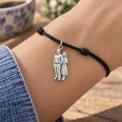 Shared Joy Couple Charm Bracelet – Personalized Couple Gift – worn on the wrist on a black cord bracelet