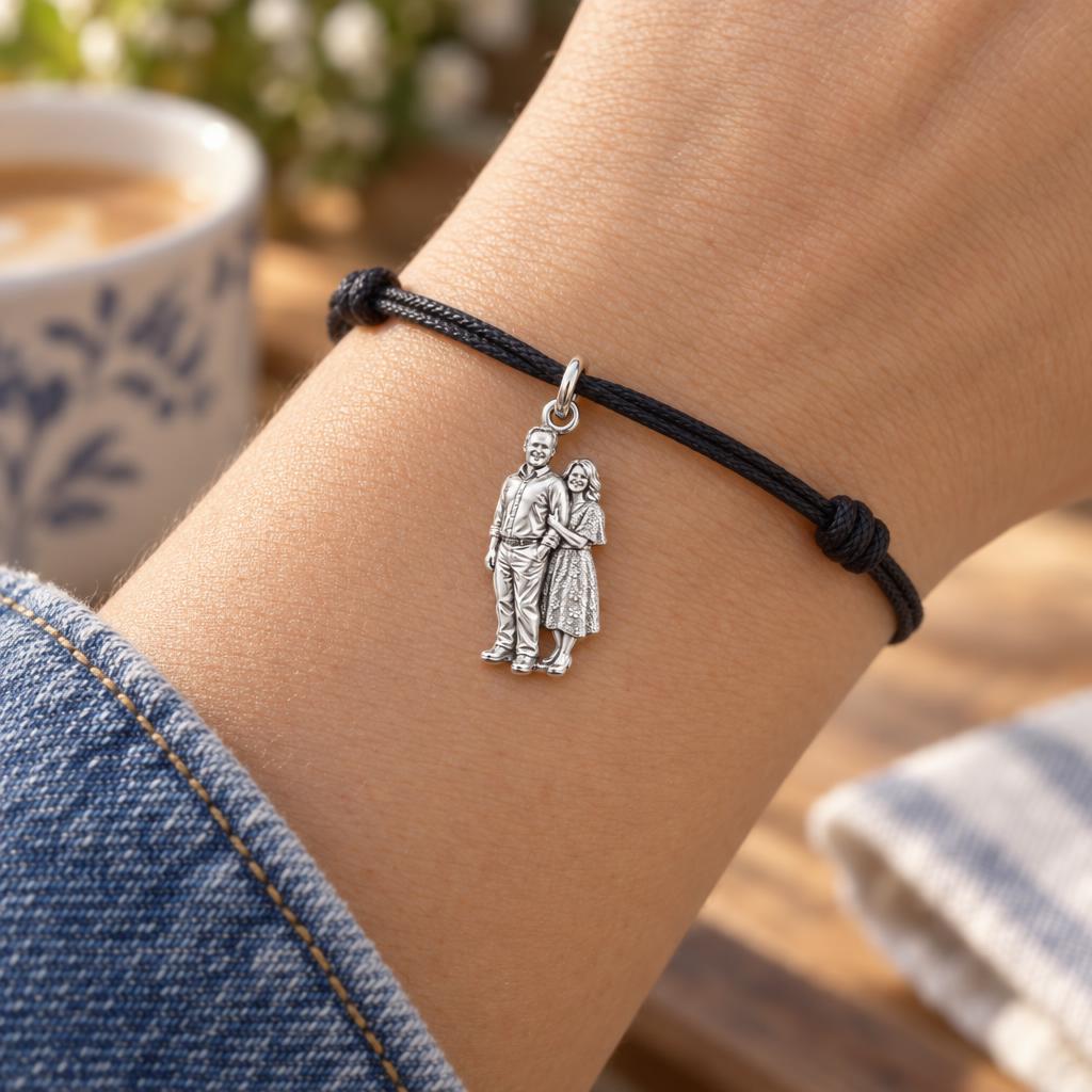 Shared Joy Couple Charm Bracelet – Personalized Couple Gift – worn on the wrist on a black cord bracelet