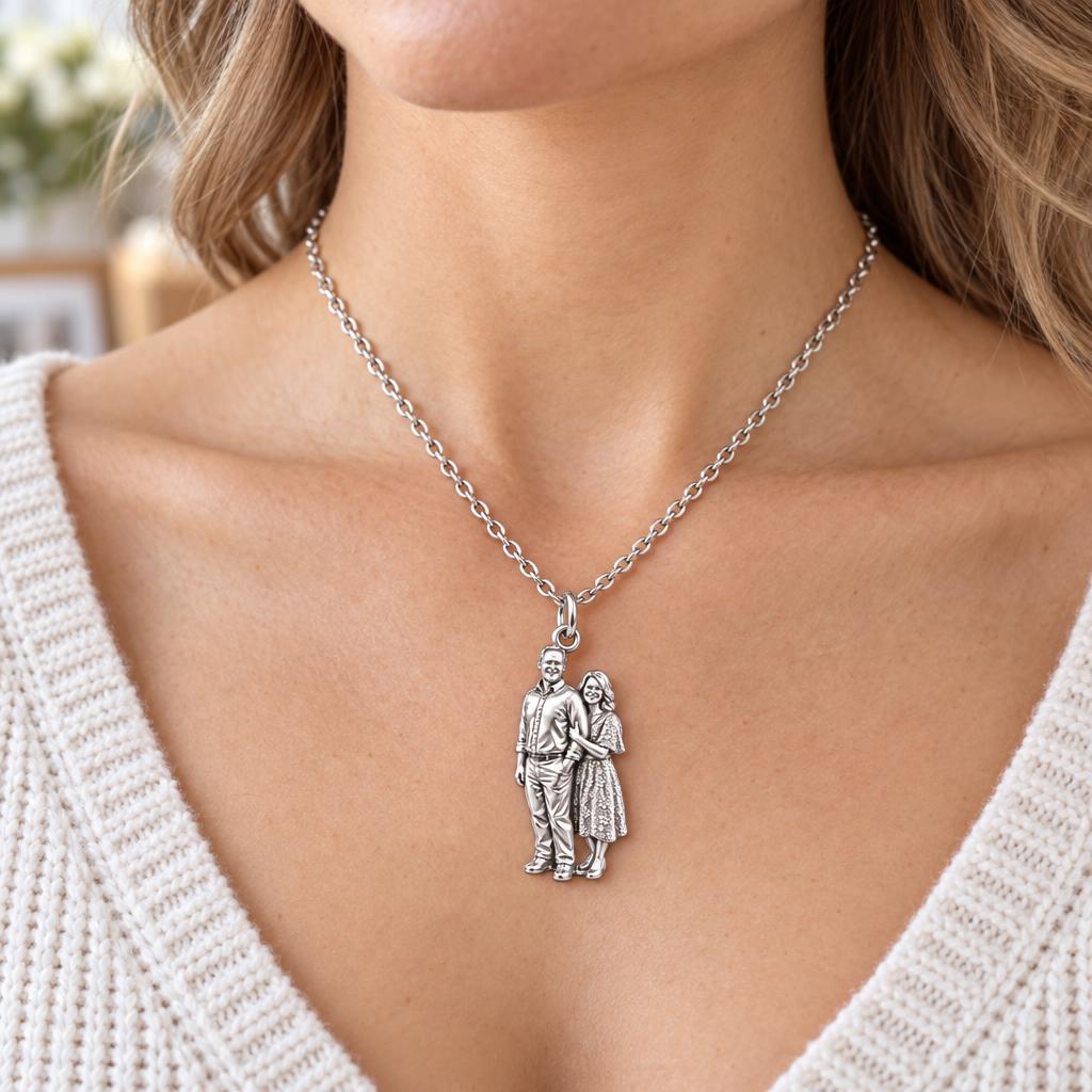 Shared Joy Couple Charm Necklace Set – worn / in use