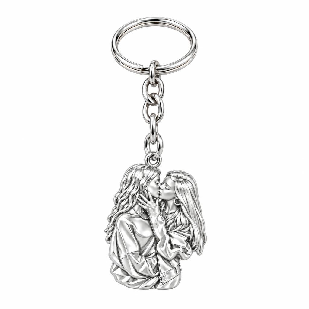 Shared Love Portrait Charm Keychain – silver, front view