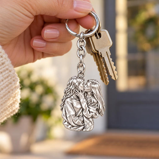 Shared Love Portrait Charm Keychain – worn / in use