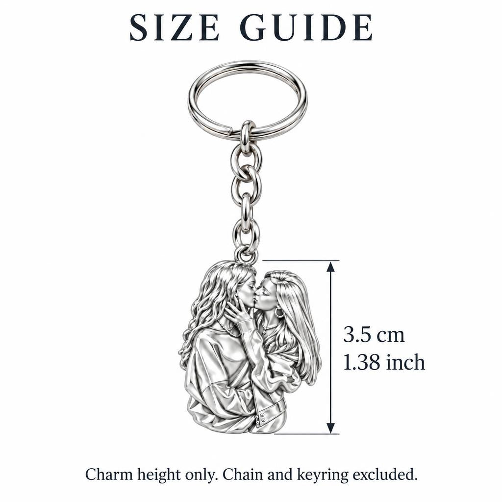 Shared Love Portrait Charm Keychain – size guide, 3.5 cm (1.38 in) charm, chain and keyring excluded