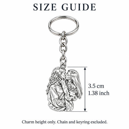 Shared Love Portrait Charm Keychain – size guide, 3.5 cm (1.38 in) charm, chain and keyring excluded
