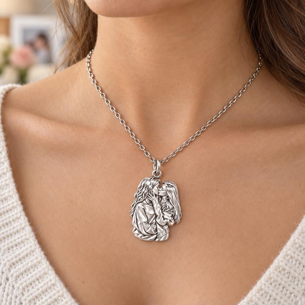 Shared Love Portrait Charm Necklace Set – worn / in use