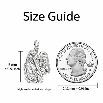 Shared Love Portrait Charm Necklace Set – size guide, 13 mm charm next to a quarter