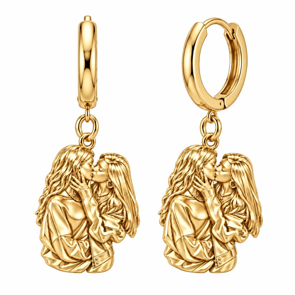 Shared Love Portrait Huggie Charm Earrings – 18K gold, front view