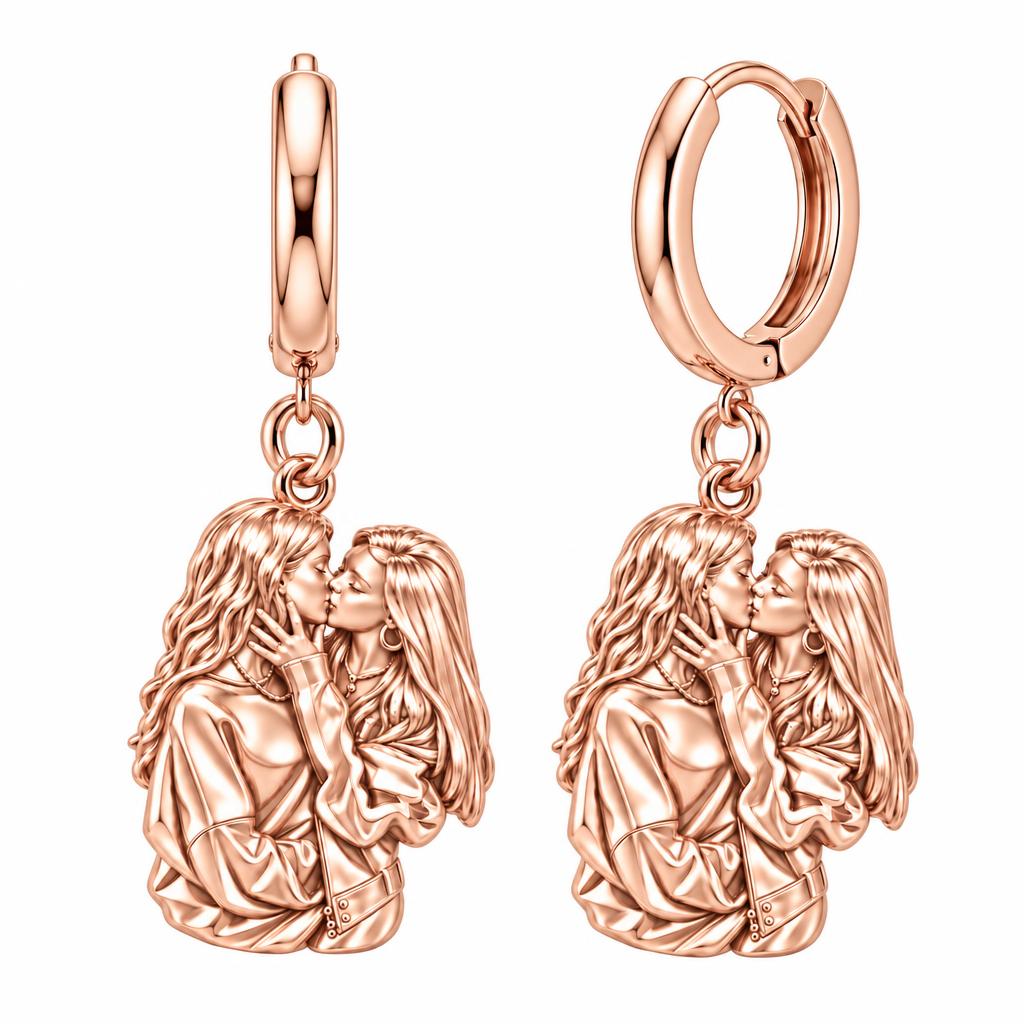 Shared Love Portrait Huggie Charm Earrings – rose gold, front view