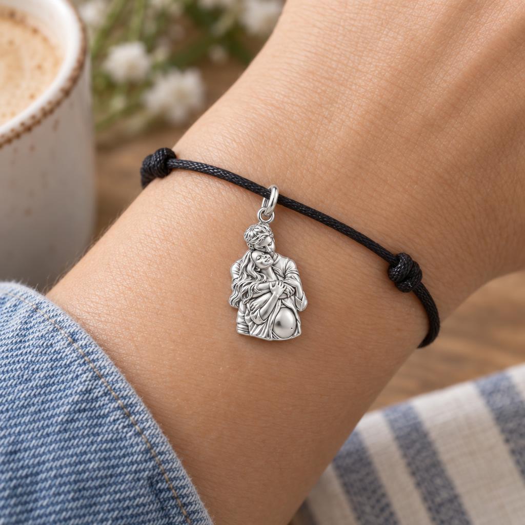 Shared New Life Charm Bracelet – Personalized Couple Gift – worn on the wrist on a black cord bracelet
