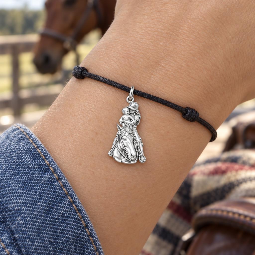 Shared Saddle Ride Charm Bracelet – Personalized Mom Gift – worn on the wrist on a black cord bracelet
