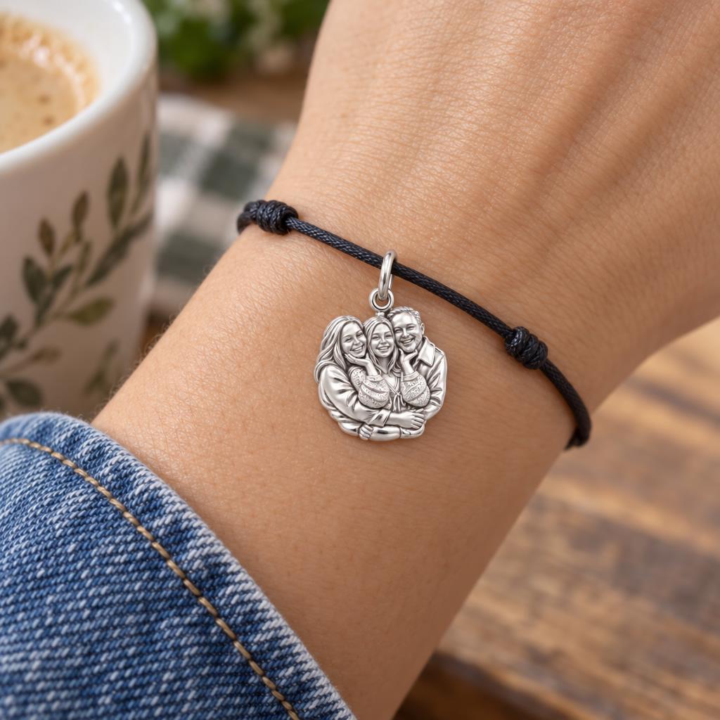 Shared Smiles Family Portrait Charm Bracelet – Personalized Mom Gift – worn on the wrist on a black cord bracelet