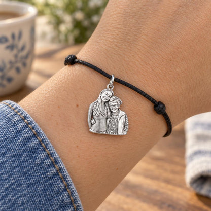 Shared Smiles Portrait Charm Bracelet – Personalized Nana Gift – worn on the wrist on a black cord bracelet