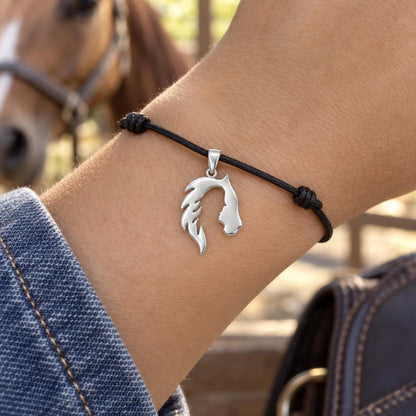 Shared Soul Horse Charm Bracelet – Personalized Horse Mom Gift – worn on the wrist on a black cord bracelet