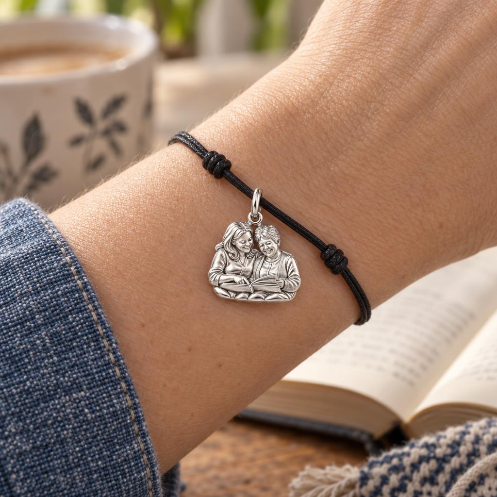 Shared Stories Photo Charm Bracelet – Personalized Mom Gift – worn on the wrist on a black cord bracelet