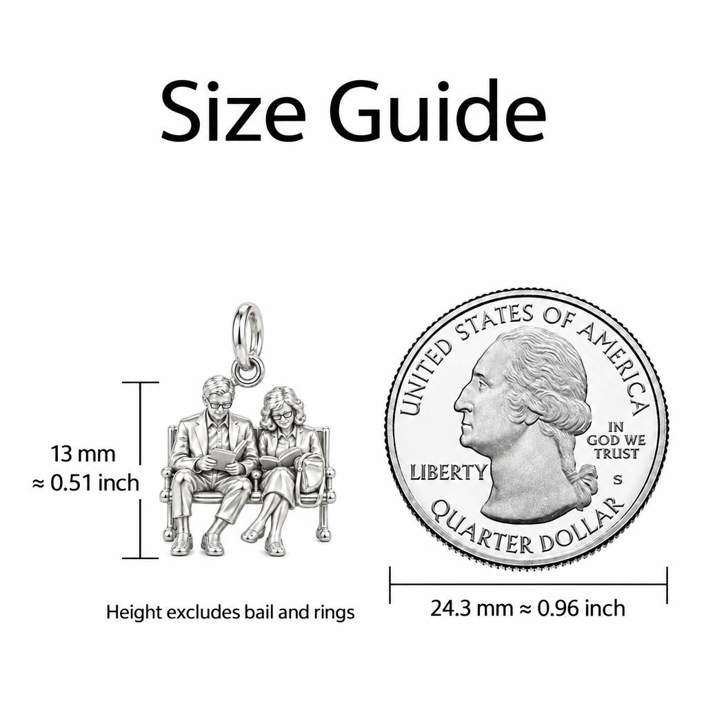 Shared Story Bench Charm Bracelet – Personalized Couple Gift – size guide, 13 mm charm next to a quarter