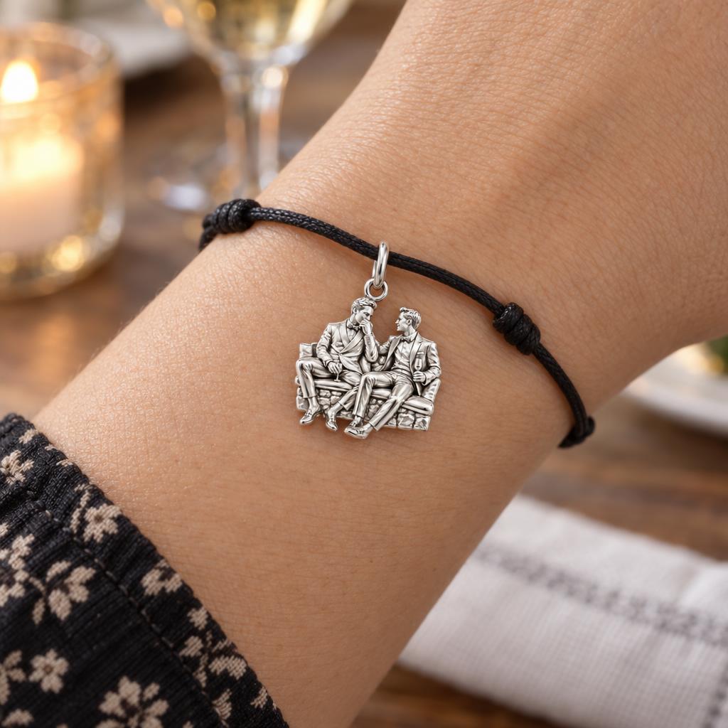 Shared Toast Custom Portrait Charm Bracelet – Personalized Couple Gift – worn on the wrist on a black cord bracelet