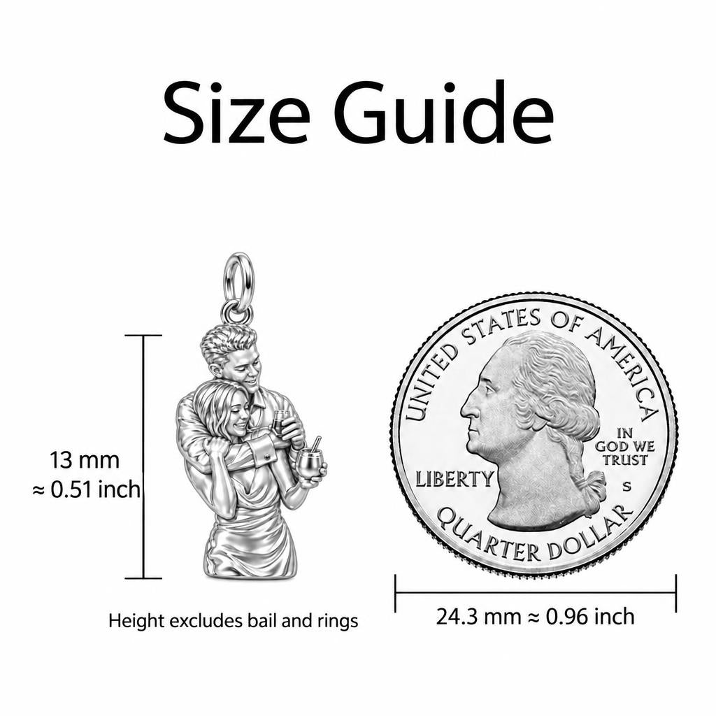 Shared Toast Portrait Charm Bracelet – Personalized Couple Gift – size guide, 13 mm charm next to a quarter