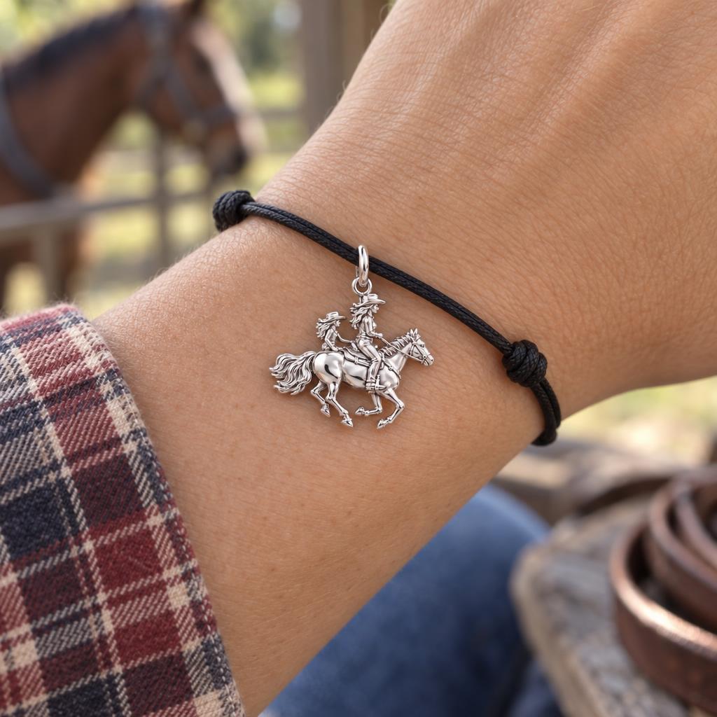 Shared Trail Adventure Charm Bracelet – Personalized Mom Gift – worn on the wrist on a black cord bracelet