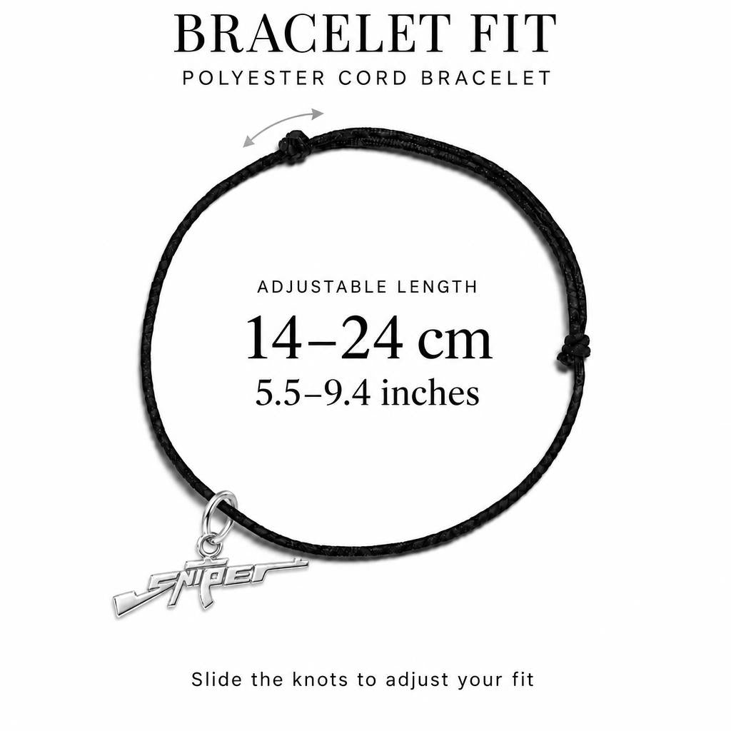 Sharpshooter Sniper Charm Bracelet – Personalized Veteran Gift – adjustable black cord bracelet, 14–24 cm