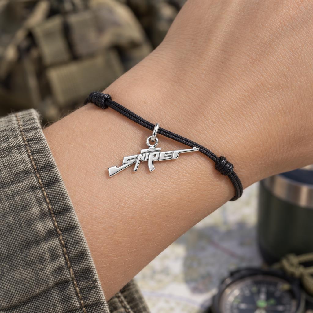 Sharpshooter Sniper Charm Bracelet – Personalized Veteran Gift – worn on the wrist on a black cord bracelet