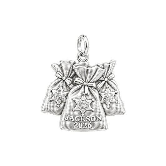 Sheriff Badge Money Bags Charm Bracelet – Personalized Dad Gift – silver charm, front view