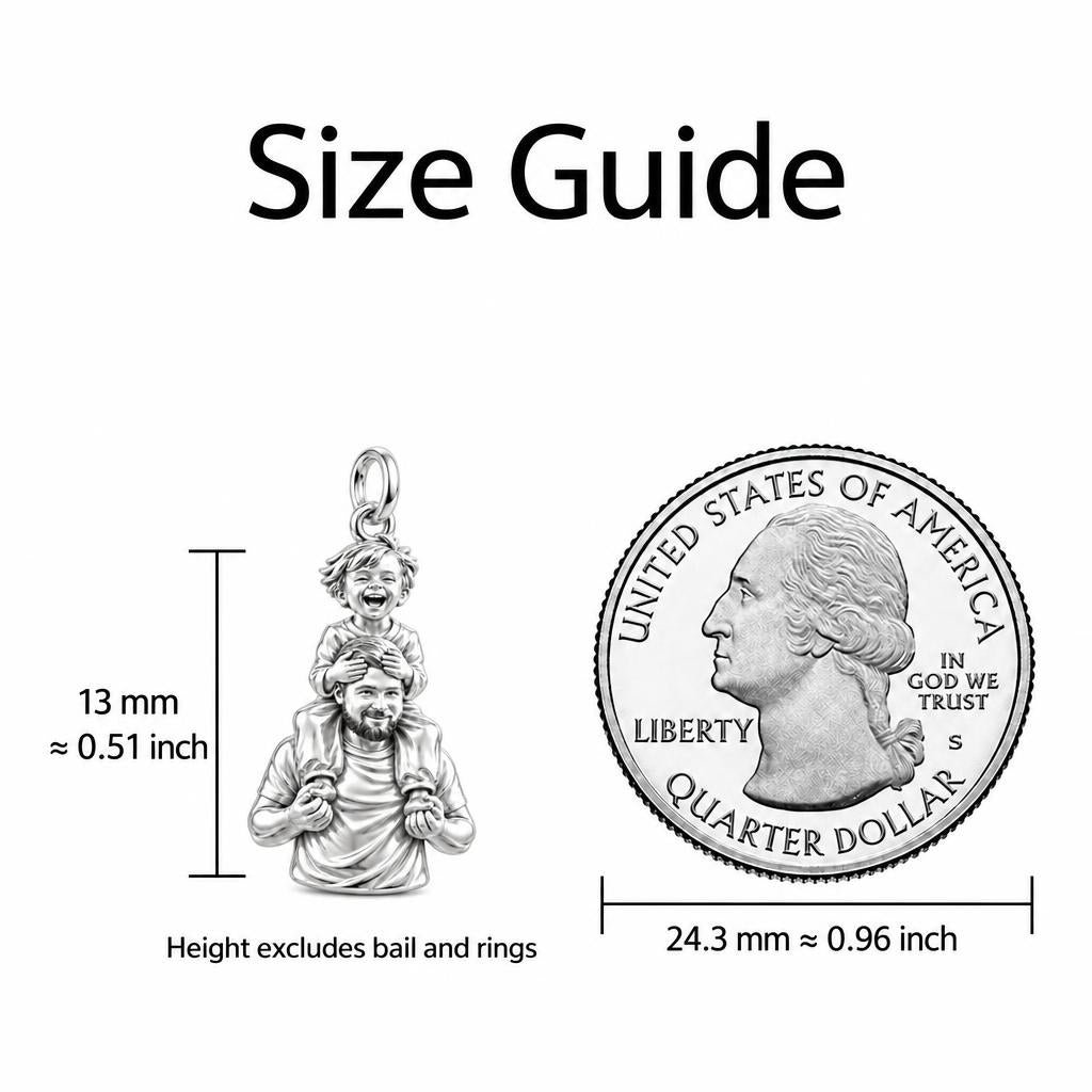 Shoulder Ride Joy Charm Bracelet – Personalized Dad Gift – size guide, 13 mm charm next to a quarter
