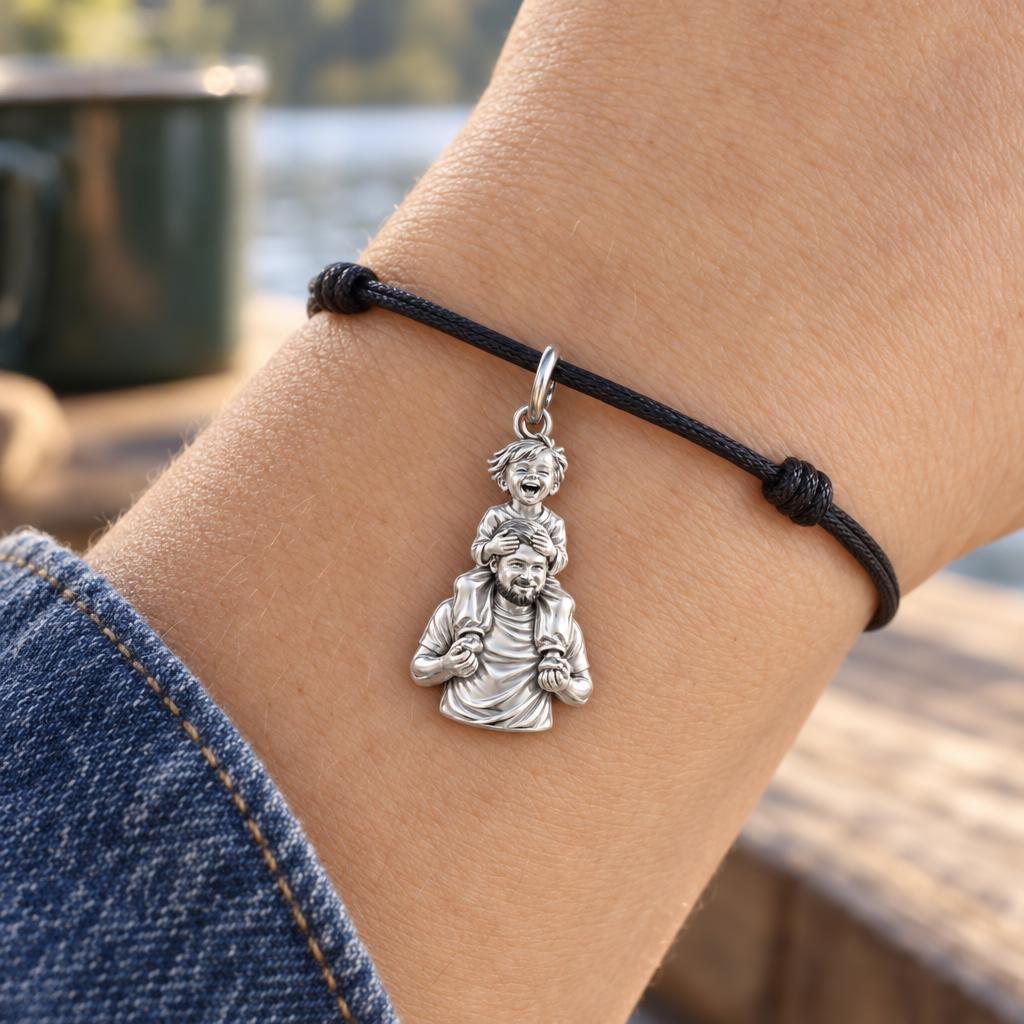 Shoulder Ride Joy Charm Bracelet – Personalized Dad Gift – worn on the wrist on a black cord bracelet