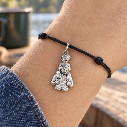 Shoulder Ride Joy Charm Bracelet – Personalized Dad Gift – worn on the wrist on a black cord bracelet