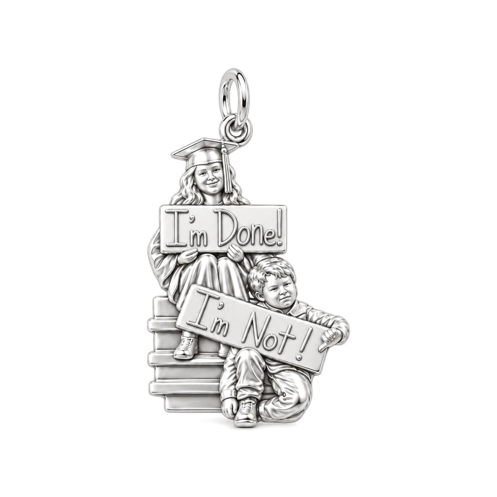 Sibling Graduation Humor Charm Bracelet – Personalized Graduation Gift – silver plated 2 cm charm, front view