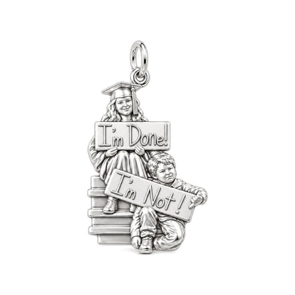 Sibling Graduation Humor Charm Bracelet – Personalized Graduation Gift – silver plated 2 cm charm, front view