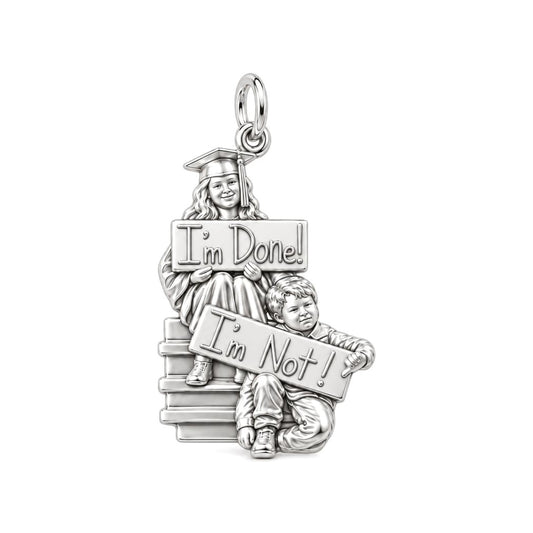 Sibling Graduation Humor Charm Bracelet – Personalized Graduation Gift – silver plated 2 cm charm, front view