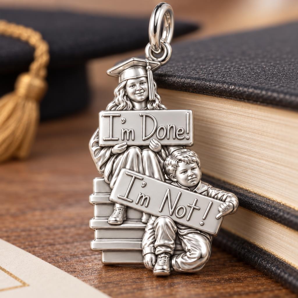 Sibling Graduation Humor Charm Bracelet – Personalized Graduation Gift – macro detail of the charm