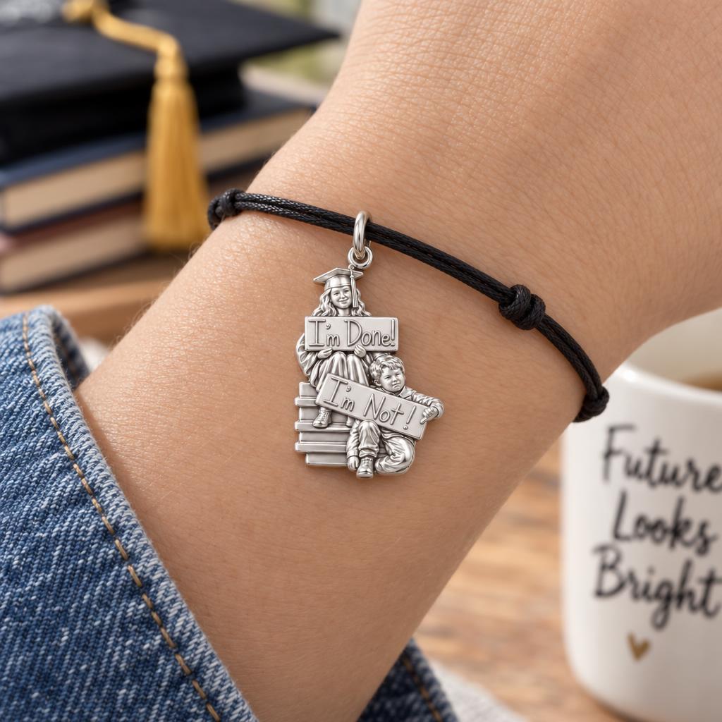Sibling Graduation Humor Charm Bracelet – Personalized Graduation Gift – worn on the wrist on a black cord bracelet