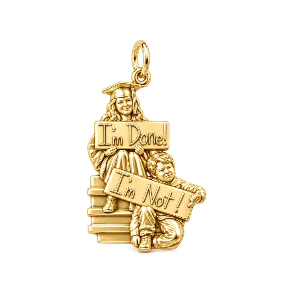 Sibling Graduation Humor Charm Bracelet – Personalized Graduation Gift – 18K gold plated 2 cm charm, front view