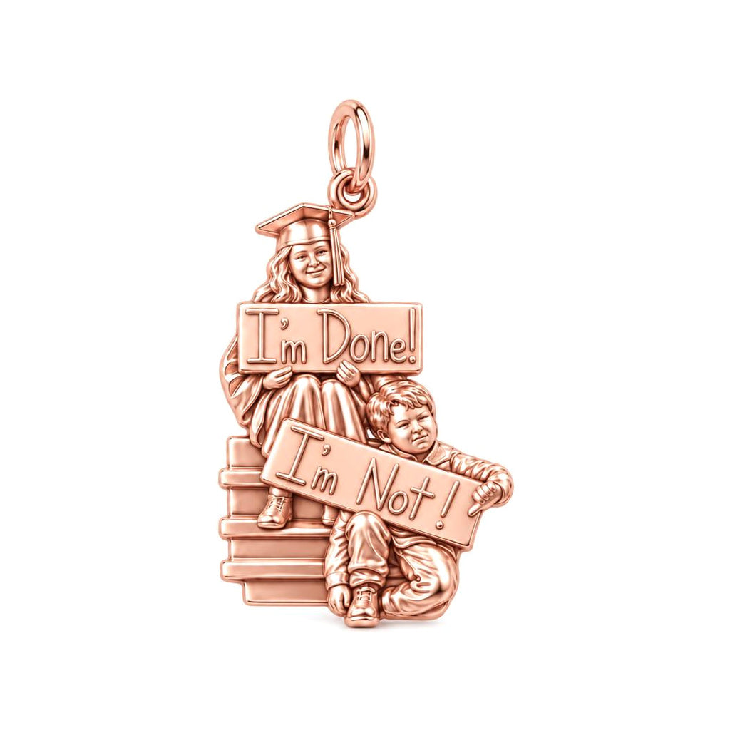 Sibling Graduation Humor Charm Bracelet – Personalized Graduation Gift – rose gold 2 cm charm, front view