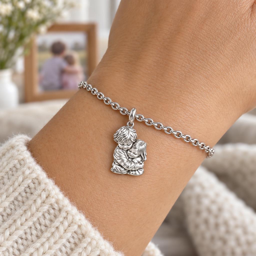 Sibling Sweet Embrace Charm Bracelet Set – worn / in use